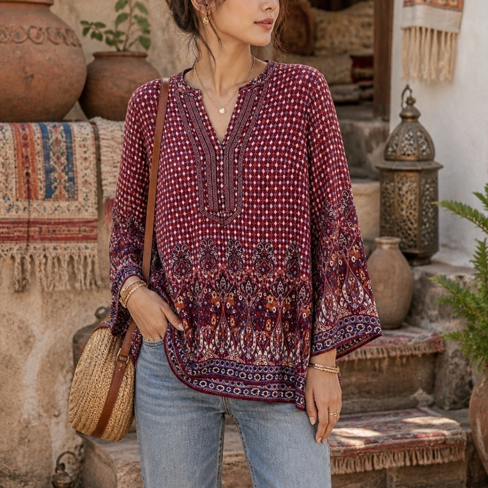 Papillon Blanc Red Boho Tunic Size M Mandarin Collar Embellished Viscose Top
